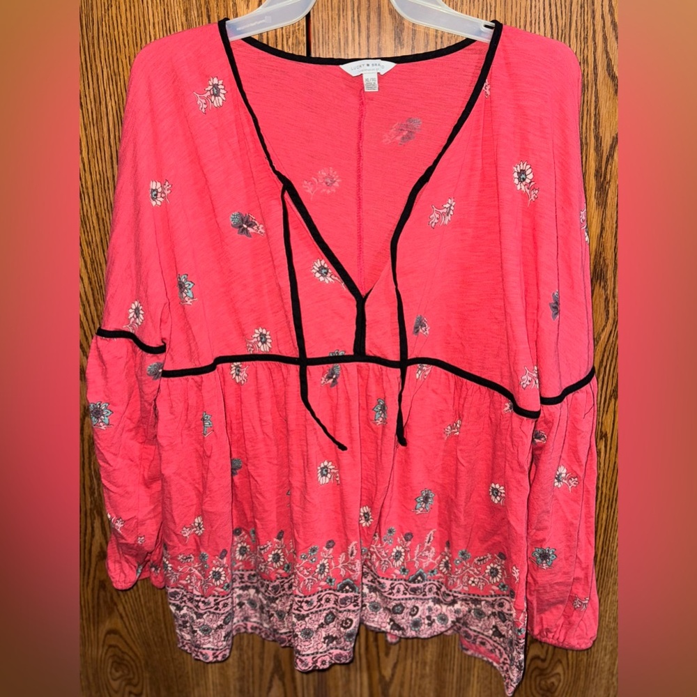 Lucky Brand Pink Floral Peasant Blouse with Black Trim